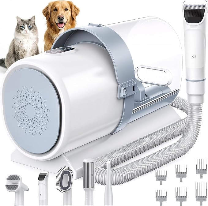 NEWBULIG Pet Grooming Vacuum Kit for Cats and Dogs, 2.5L Dust Cup, White | 3 Suction Modes and 5 Groomer Tools, Dog Clippers with Cordless Low Noise for Cats, Dogs Other Animals Hair Trimmer