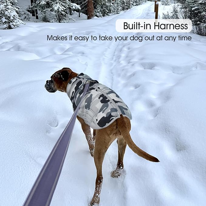 FUAMEY Dog Cold Weather Coats Reflective Dog Warm Jacket with Harness | Fleece Puppy Coat for Small Dogs Snow Puffer Vests with Zipper Reflective Turtleneck Jackets for Winter Gery Camo S