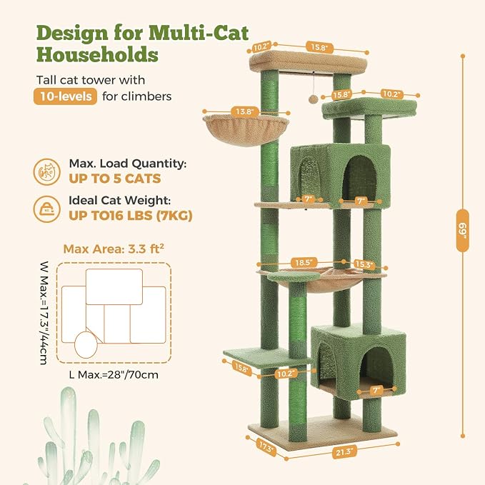 69" Cactus Cat Tree for Indoor Cats Large Adult, Multi-Level Cat Tower | Multi-Level Cat Tree with Scratching Posts, Soft Padded Perch, 2 Dangling Toys
