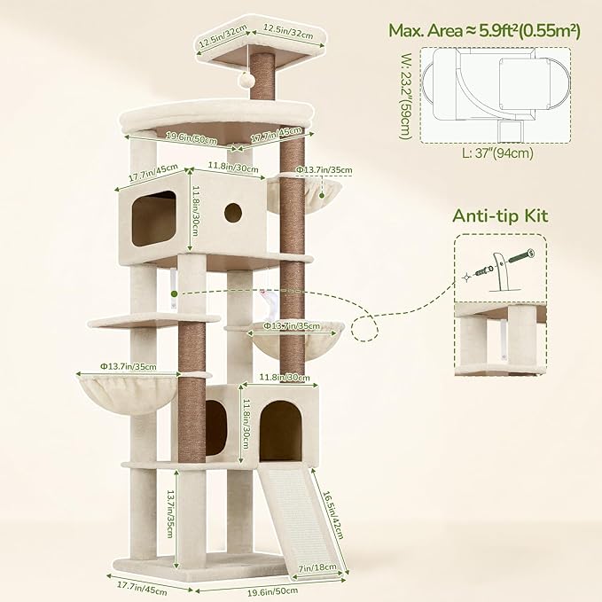 Globlazer F83C Heavy Duty Tall Cat Tree, 83in Multi-Level Tower, Beige | Easy Assembly, Maine Coon, Large Cats, Tall Tower, 2 Condos, 3 Hanging Baskets, 2 Perches, 7 Sisal Posts, Anti-Topple Strap