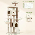 Globlazer F83C Heavy Duty Tall Cat Tree, 83in Multi-Level Tower, Beige | Easy Assembly, Maine Coon, Large Cats, Tall Tower, 2 Condos, 3 Hanging Baskets, 2 Perches, 7 Sisal Posts, Anti-Topple Strap