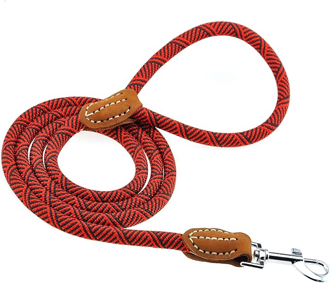 Mile High Life Dog Leash with Genuine Leather Connection, 6 FT/5 FT/4 FT | Rope Leash, Heavy Duty 360° Swivel Metal Clasp, for Small Medium & Large Dogs (Red, 60 Inch)