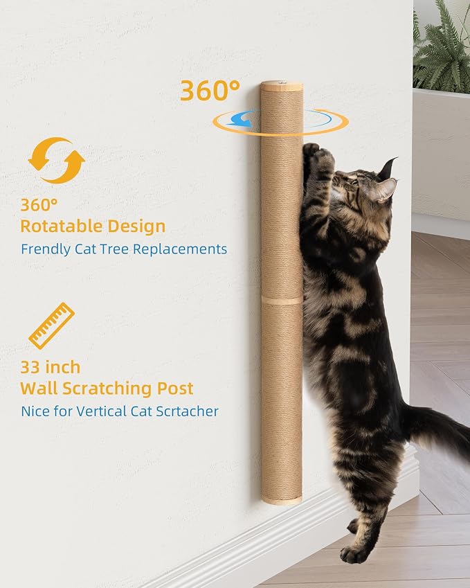 Aechonow 34" Cat Scratching Post, Wood Wall Mounted Cat Scratcher for Cats | Cat Wall Scratcher,Cat Wall Furniture for Indoor Cats,Cat Wall Wood Climber, Natural Sisal,Tall & Sturdy Corner Climbing Pole
