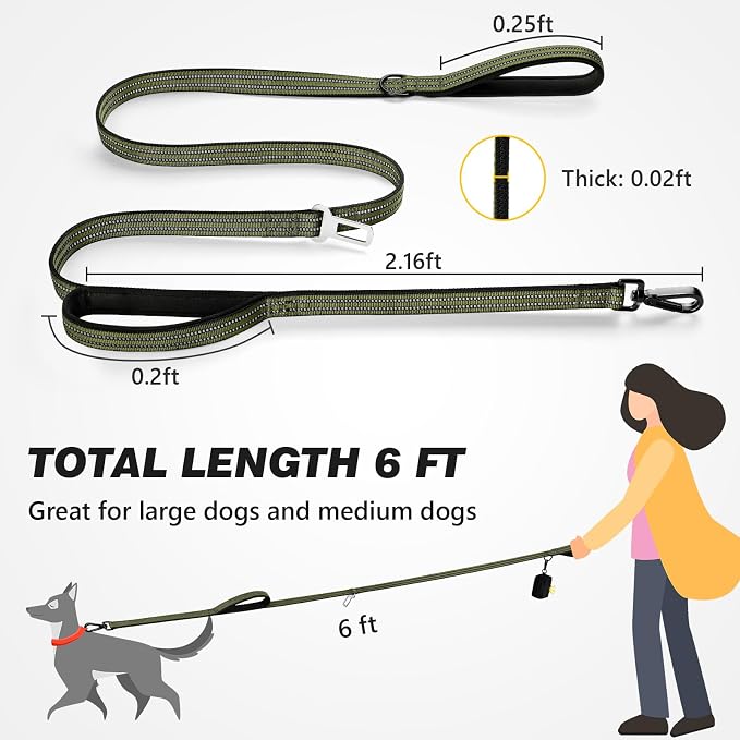 Double Handle Dog Leash with Poop Bag Holder and Car Seat Belt Buckle | Heavy Duty | Double Handle | with Poop Bag Holder | with Car Seat Belt Buckle | Reflective | Lightweight