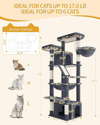 Hzuaneri Large Cat Tree, 72 Inch Tall Multi-Level Cat Tower for Indoor Cats | Cat Condo Furniture with 6 with Sisal Scratching Posts, 2 Large Platforms, 2 Cats House, Hanging Basket, Dark Gray MS18318SG