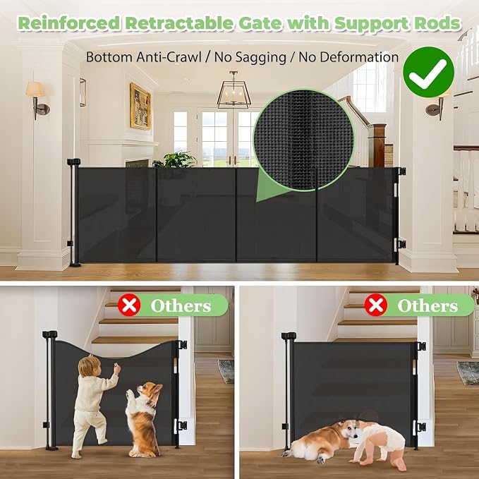Reinforced 155" Extra Wide Baby Gate Retractable Dog Gate, Indoor/Outdoor | Retractable Fence for Large Openings, Space-Saving, Easy to Use, Scratch-Resistant Mesh, Safety Lock, Easy Install, Black