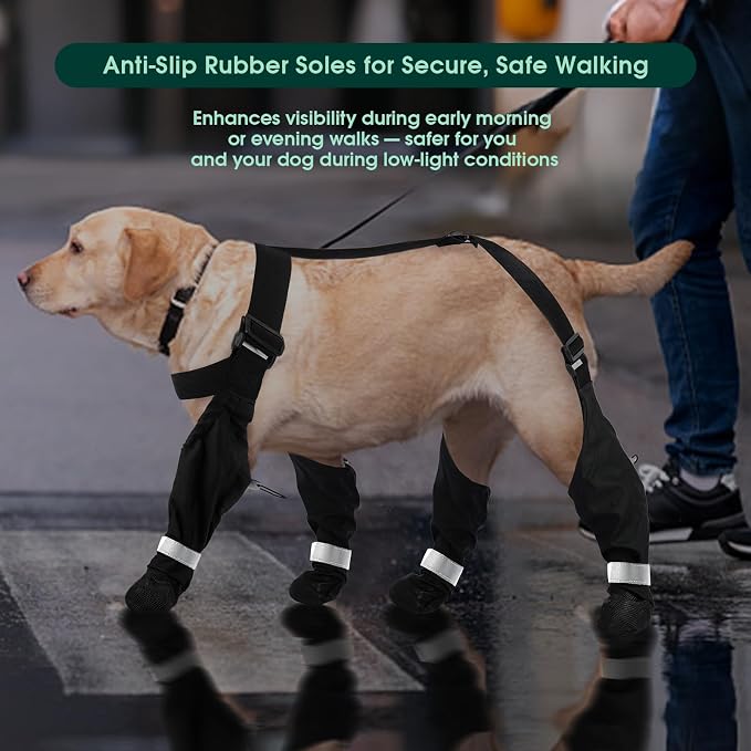 Waterproof Dog Suspender Boots, Black, M | Reflective, Anti-Slip, Adjustable Straps for Small Medium Large Dogs, Stay-On Paw Protector Leggings