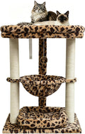 SYANDLVY Leopard Print Small Cat Tree with Top Perch, Hammock & Bottom Bed | 3 Level, Natural Sisal Scratching Post Tower with Hanging Bell Ball and Anti-Tip Strap, Stable Indoor Cat Furniture