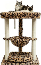 SYANDLVY Leopard Print Small Cat Tree with Top Perch, Hammock & Bottom Bed | 3 Level, Natural Sisal Scratching Post Tower with Hanging Bell Ball and Anti-Tip Strap, Stable Indoor Cat Furniture