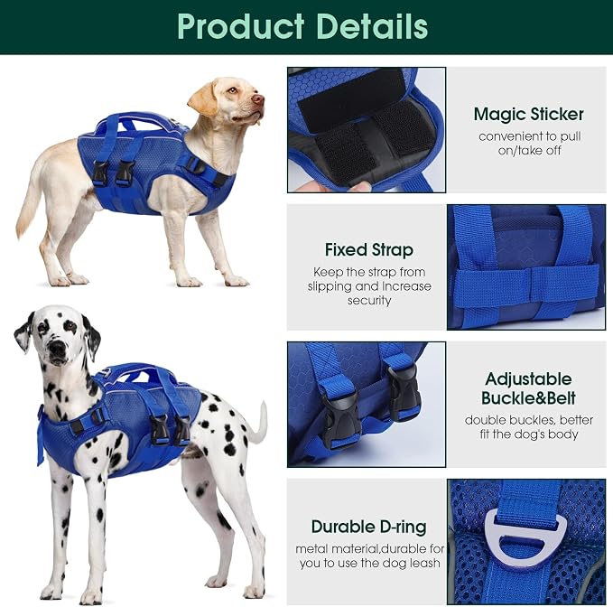 Kuoser Dog Life Jacket, High Flotation Reflective Dog Life Vest, Navy, S | Adjustable Dog Lifejackets for Small Medium Large Dogs, Lifevest with Rescue Handle for Swimming, Boating, Lake, Beach & Pool