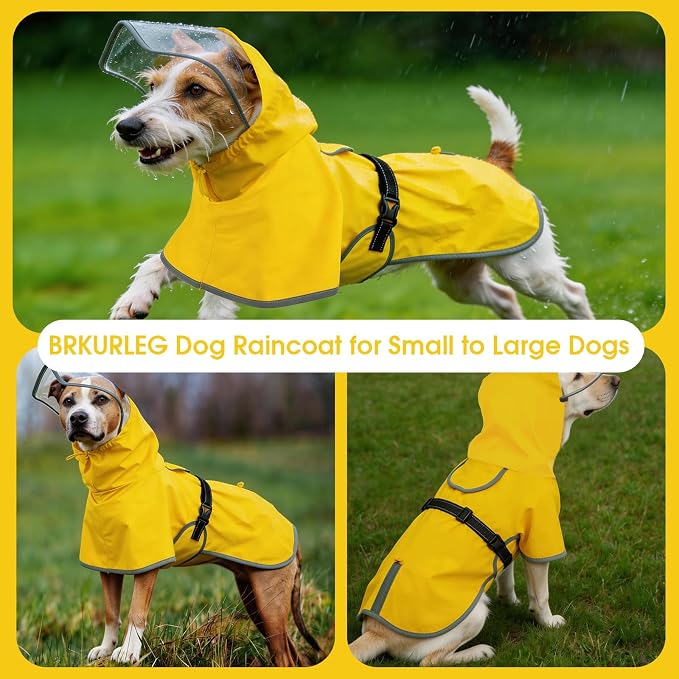 BRKURLEG Dog Raincoat, Waterproof Rain Jacket with Clear Hood for Small Medium and Large Dogs, Adjustable Reflective Pet Rain Coat Poncho with Leash Hole, Yellow L