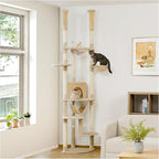 PETEPELA Floor to Ceiling Cat Tree, 92.9-101.6" Tall Cat Tower, Beige | Height-adjustable tension design with 5 sisal posts, cozy condo, spacious hammock, perches & anti-tip strap for indoor cats