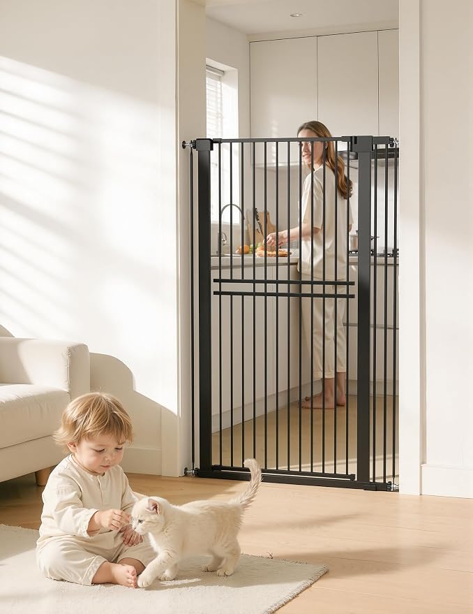 No Pawblems 55" Extra Tall Pet Gate, 31.5"-48" Wide Tall Dog Gate, Black | No Drilling Pressure Mounted, 1.37" Bar Spacing, 25.6" Walk-Thru Opening, Auto Close, One-Hand Operation, Dual Lock Design