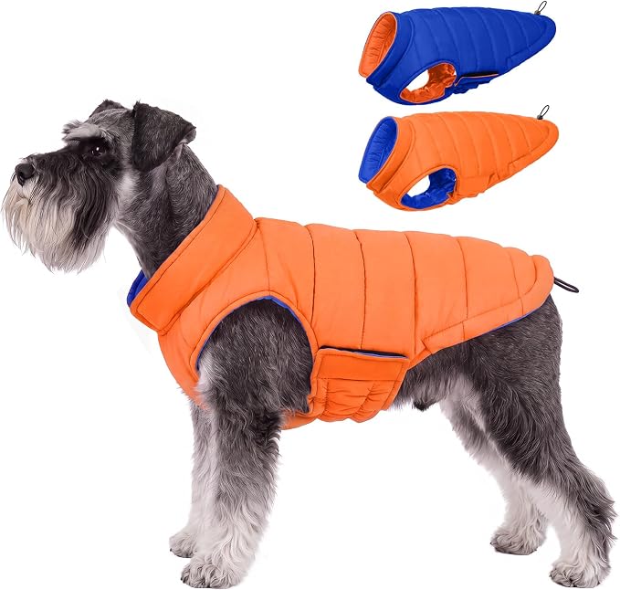 Lelepet Reversible Dog Coat Windproof Dog Puffer Jacket Lightweight Vest | Soft Puffer Vest Warm Winter Coats for Small Dogs Adjustbale Hook & Loop Pet Apparel with Leash Hole, Shih Tzu, Orange, S