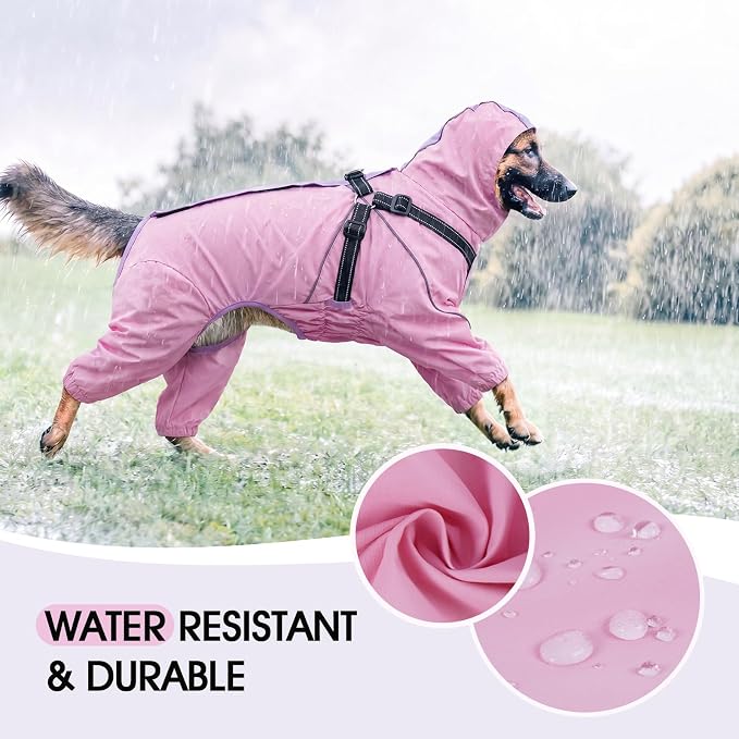 Lelepet Large Dog Raincoat with Harness, Pink, 3XL | Waterproof full body for rainy walking hiking, Adjustable detachable hood for flexible wear, Reflective stripes ensure safety