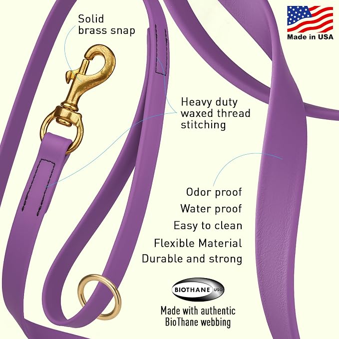 Viper Biothane K9 Working Dog Leash Waterproof Lead for Tracking Training Schutzhund Odor-Proof Long Line with Solid Brass Snap for Puppy Medium and Large Dogs 4ft, Amethyst Purple