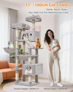 Taoqimiao Cat Tree, 71 in Extra Large Cat Tower for Inddor Cats, MS026LW | 2 Large Cat Condos, 2 Cute Perches, Metal Frame Cozy Hammock, Durable Scratch Board, 8 Natural Sisal Posts, Basket,Light Gray