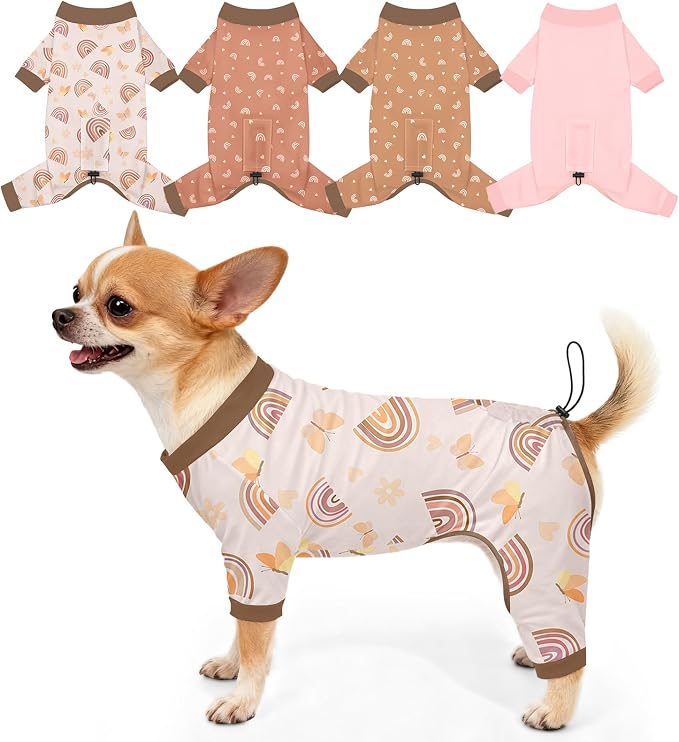 Bienbee Dog Pajamas, 4 Pack Adjustable Onesies for Small to Large Dogs XS | Dog Shedding Suit with Soft Fabric, Breathable & Stretchy, and Adjustable Back Length for Sleeping Lounging and Daily Use