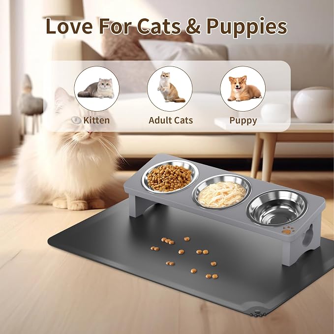 Elevated Cat Bowls with 3 Stainless Steel Bowls | 15° Tilted Anti-Vomiting Raised Cat Food Bowl with Solid Wood Stand and Silicone Pad for Cats and Small Pets Bowl(Slate Grey)