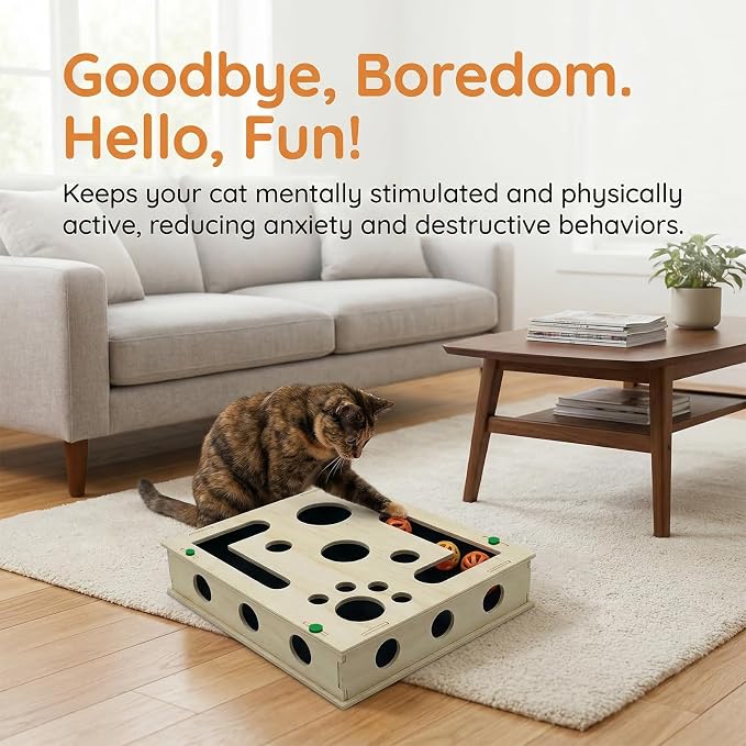 Cat Scratch Puzzle Enrichment Box with Bell Ball, Large Cat Nail File Enrichment Box with Sandpaper Liner, Stress-Free Alternative to Trimming Nails, for Indoor Cats