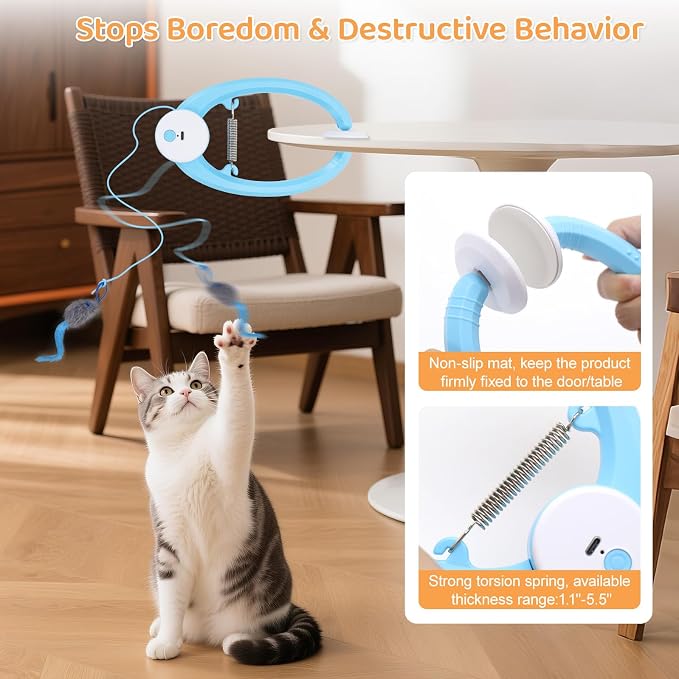 Automatic Interactive Cat Toys for Indoor Cats Hanging Cat Toy, Blue | 2 Electric Fluttering Mouse Feather Wands, USB Rechargeable, Adjustable Strings, 360° Rotation for Bored Kittens & Adult Cats