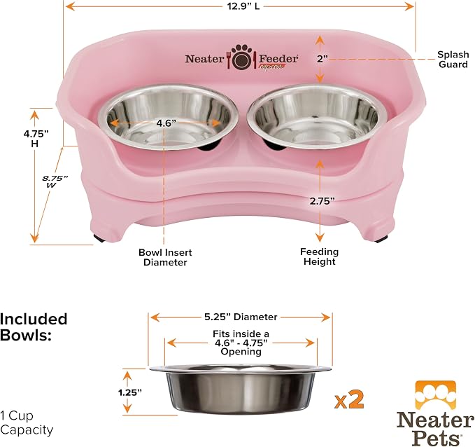 Neater Feeder Express Mess Proof Cat Bowls Elevated, No Spill Feeding Station, Stainless Steel Dishes for Food and Water, Raised Bowls for Indoor Cats, No Fatigue Whisker Friendly Dish, Pink