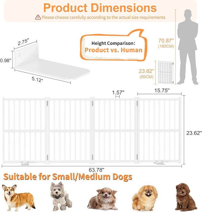 Snughome Dog Gate Indoor, 23.62" H Freestanding Short Dog Door Gates with Support Feet, Expands Up to 63.78’’ Wide Foldable Pet Gates for Doorways, 4 Panel Folding Pet Door Pet Fence for Puppy, White