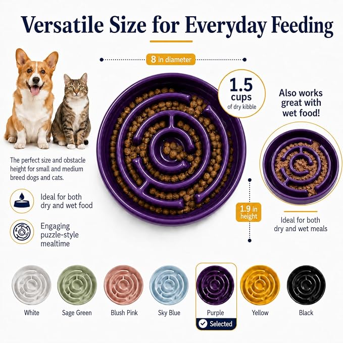Ceramic Slow Feeder Dog Bowl, 1.5 Cup Puzzle Dish for Small Medium Dogs | Glazed ceramic maze bowl with 1.5-cup capacity for dry or wet food, sized for small and medium dogs