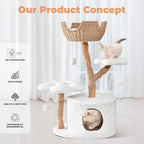 Easyego Modern Cat Tree, 40.5" Aesthetic Wood Cat Tree Tower for Large Cats, Luxury Cat Condo with Scratching Posts and Flower Platforms, Cat Furniture, White