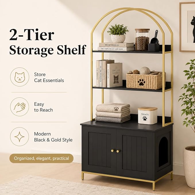 Homhedy Cat Litter Box Enclosure with 2-Tier Shelves, Black and Gold | Litter Box Furniture Hidden, Indoor Cat House, Wooden Cat Washroom Furniture with Metal Frame, Modern Style