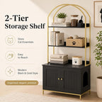 Homhedy Cat Litter Box Enclosure with 2-Tier Shelves, Black and Gold | Litter Box Furniture Hidden, Indoor Cat House, Wooden Cat Washroom Furniture with Metal Frame, Modern Style