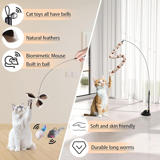 Soarer 4in1 Interactive Cat Wand Toys with Suction Cup for Indoor Cat,12Pcs | Enhanced Suction Cup,Fishing Pole Cat Stick Toy Replacement,2 Types Door Hanging Cat String Toy for Indoor Kitten Self Play