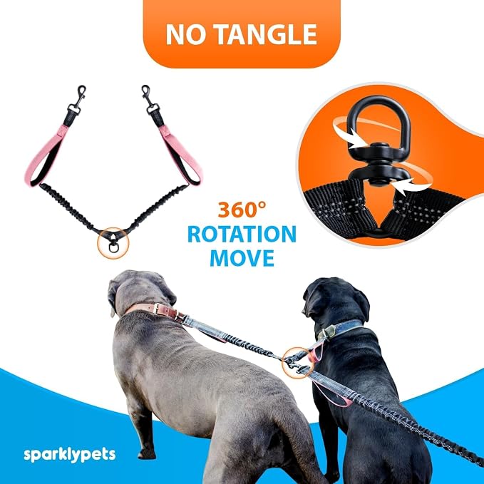 SparklyPets - Hands Free Dual Dog Leash for Medium and Large Female Dogs - Padded Handles, Reflective Stitches, No Pull, Tangle Free - Walking, Hiking, Jogging, Canicross Waist Leash - Gradient Pink
