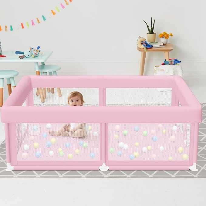 Hiaksedt Baby Playpen 50"x50" Baby Girl Play Pen for Babies and Toddlers | Safe Structure and Soft, Skin-Friendly Fabric with Zipper Gates Pink