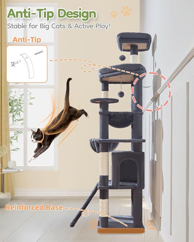 Taoqimiao Cat Tree for Large Cats, 72In Tall Cat Tower, Giant Platform | Widened Cat Condo with Large Scratch Board, 5 Scratching Posts, Metal Frame Hammcock, Cozy Basket, Smoky Gray, MS045G