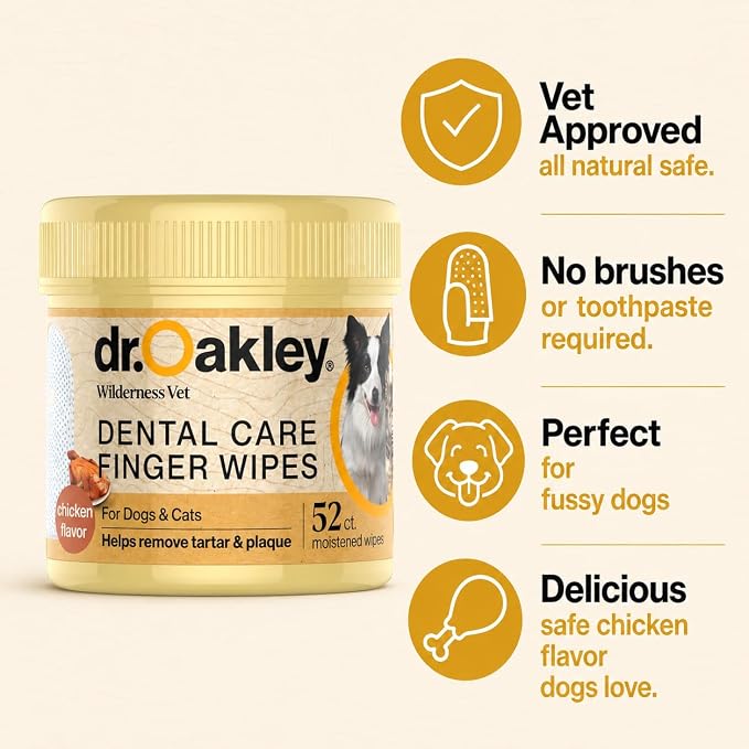 Dr. Oakley Dog Dental Wipes Finger Dental Care - Chicken Flavor | Teeth Cleaner, Plaque Remover