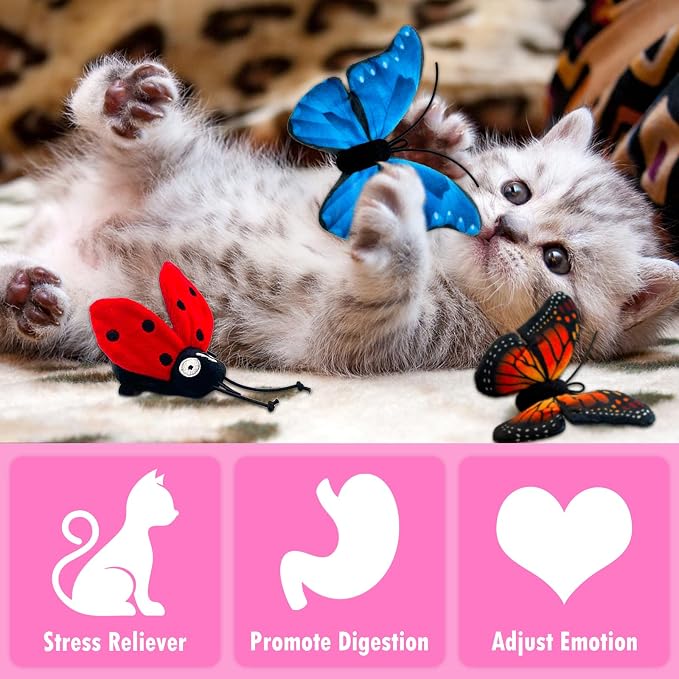 Catnip Toys for Indoor Cats with Crinkle, Butterfly 5-Pack | Five soft catnip toys with crinkle material and butterfly shapes for batting, tossing, carrying, and indoor play