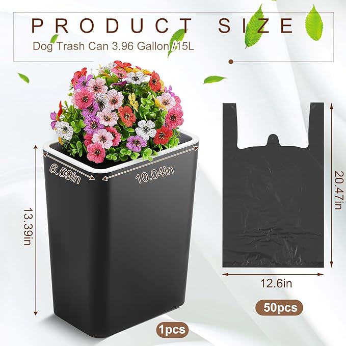 Jingmore Dog Poop Trash Can Outside 3.96 Gal/15 L Plant Styled Dog Waste Trash Can with Lid 50 Waste Bags Outdoor Indoor Poop Container Slim Garbage Bin for Yard Garden Pet (Colorful Flower Black)