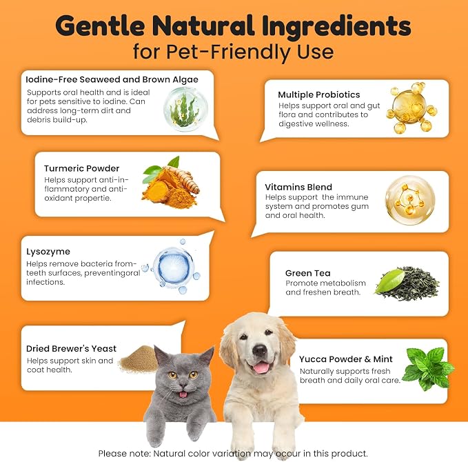 Dog Teeth Cleaning Powder - Plaque & Tartar Control, Breath Fresheners | With Natural Seaweed, Probiotics, Vitamins, Turmeric & Enzymes for All Dogs & Cats (Chicken Flavor, 75 Scoops)