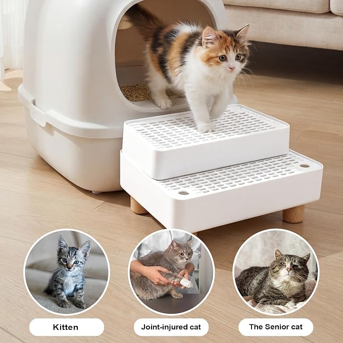 Adjustable Litter Box Step, Cat Litter Box Ramp/Catcher with Wooden Feet | 2 Steps,Fits Automatic Litter Box Steps, Filter Function, Anti-Tracking, Easy to Clean, For Small & Elderly Cats