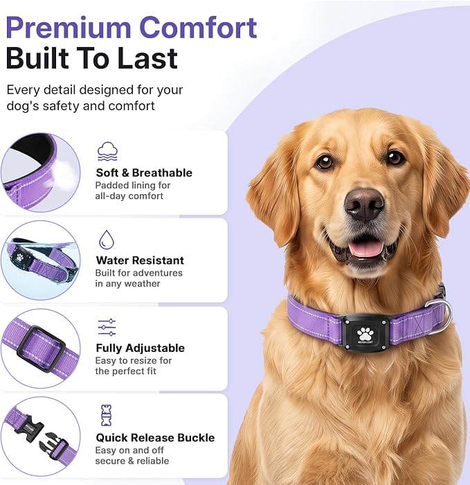 GPS Dog Collar Tracker 2-in-1,Reflective Waterproof Pet Collar,iOS-Only,No Monthly Fees,Unlimited Range,Dog Tracking Collar Pet Tracker,for Small Medium Large Dogs(L (16.5"-23.5"), Purple)