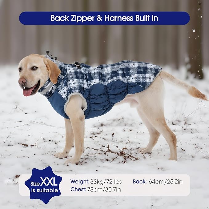 FUAMEY Dog Cold Weather Coats Reflective Dog Warm Jacket with Harness | Fleece Winter Coat for Large Dogs Snow Puffer Vests with Zipper Reflective Turtleneck Jackets for Winter Blue Plaid XL