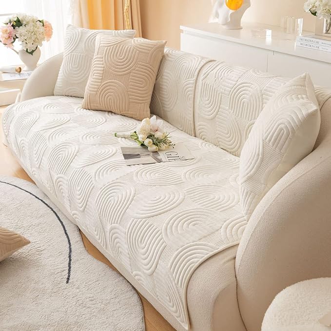 Soft Plush Geometric Quilted Couch Sofa Cover Boho Non Slip Fuzzy Sectional Couch Cover Solid Color Washable Sofa Slipcover Furniture Protector for Kids Dogs Cats (Ivory,43"x43")