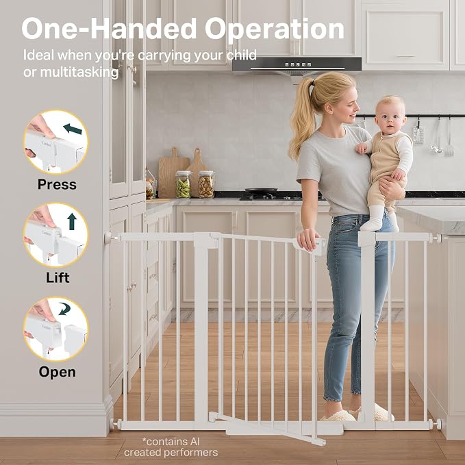 Cumbor 29.7-51.5 in Extra Wide Baby Gate for Stairs, Dog Gate Indoor White | Mom's Choice Awards Winner, Auto Close with Double Lock, One-Hand Open Child Gate for Toddlers & Pets, Pressure Mounted