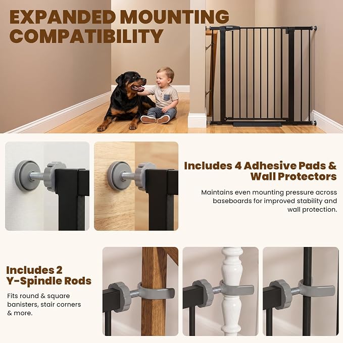 Mumeasy 36" Extra Tall Dog Gate,29.7"-40.5" Baby Gate for Stairs & Doorways | Pressure Mounted Toddler & Pet Safety Gate, Double Lock, Auto Close Walk Thru Door for Kitchen, House, Indoor, Outdoor, Black