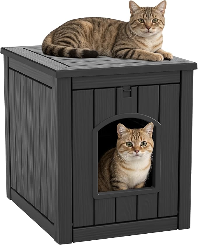 Cat Litter Box Enclosure, Openable Front Door Outdoor Enclosed Cat Litter Box, Outdoor Cat House Weatherproof Raised Floor, Easy to Clean, Black