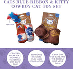 Haute Diggity Kitty Cats Blue Ribbon + Kitty Cowboy Set Soft Plush Cat Toys | 4 Pack Catnip Toys with Interactive Crackle & Feathers, Safe & Durable Cat Nip Kicker Toy for Outdoor & Indoor Cats & Kitten