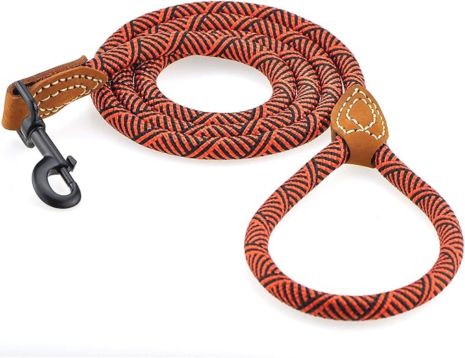 Mile High Life Dog Leash with Genuine Leather Connection, 6 FT/5 FT/4 FT | Rope Leash, Heavy Duty 360° Swivel Metal Clasp, for Small Medium & Large Dogs (Red, 72 Inch)