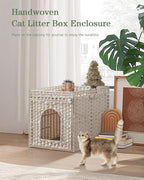 SETVSON Cat Litter Box Enclosure Furniture, Hidden PE Rattan, White | PE Rattan Kitty House with Top Fence, Fits Standard Litter Box, Included Litter Mat, 2 S-Hooks, Sturdy Metal Frame
