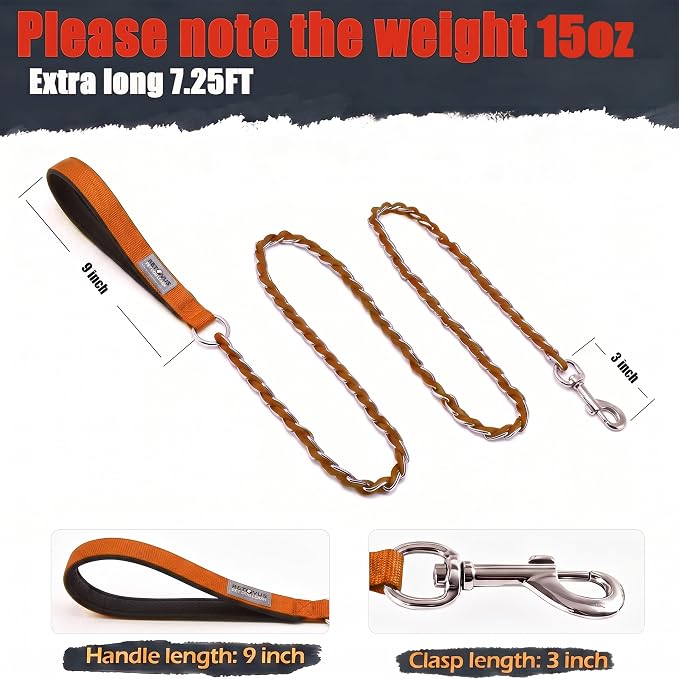 S-ETOVUS-Chain Dog Leash, Bite-Proof Metal Leash, with Padded Handle | Three Sizes 7.25FT/5.2FT/4FT, Woven From Nylon Rope And Chain, Durable And Bite-Resistant, Comfortable With Padded Handles.